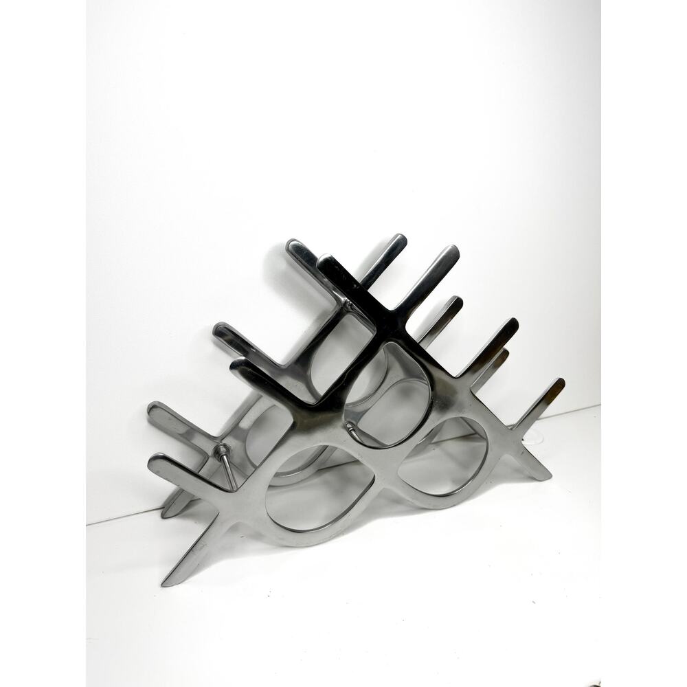 Vintage Brutalist Wine Rack: MCM Silver Metal Sculptural Bottle Holder